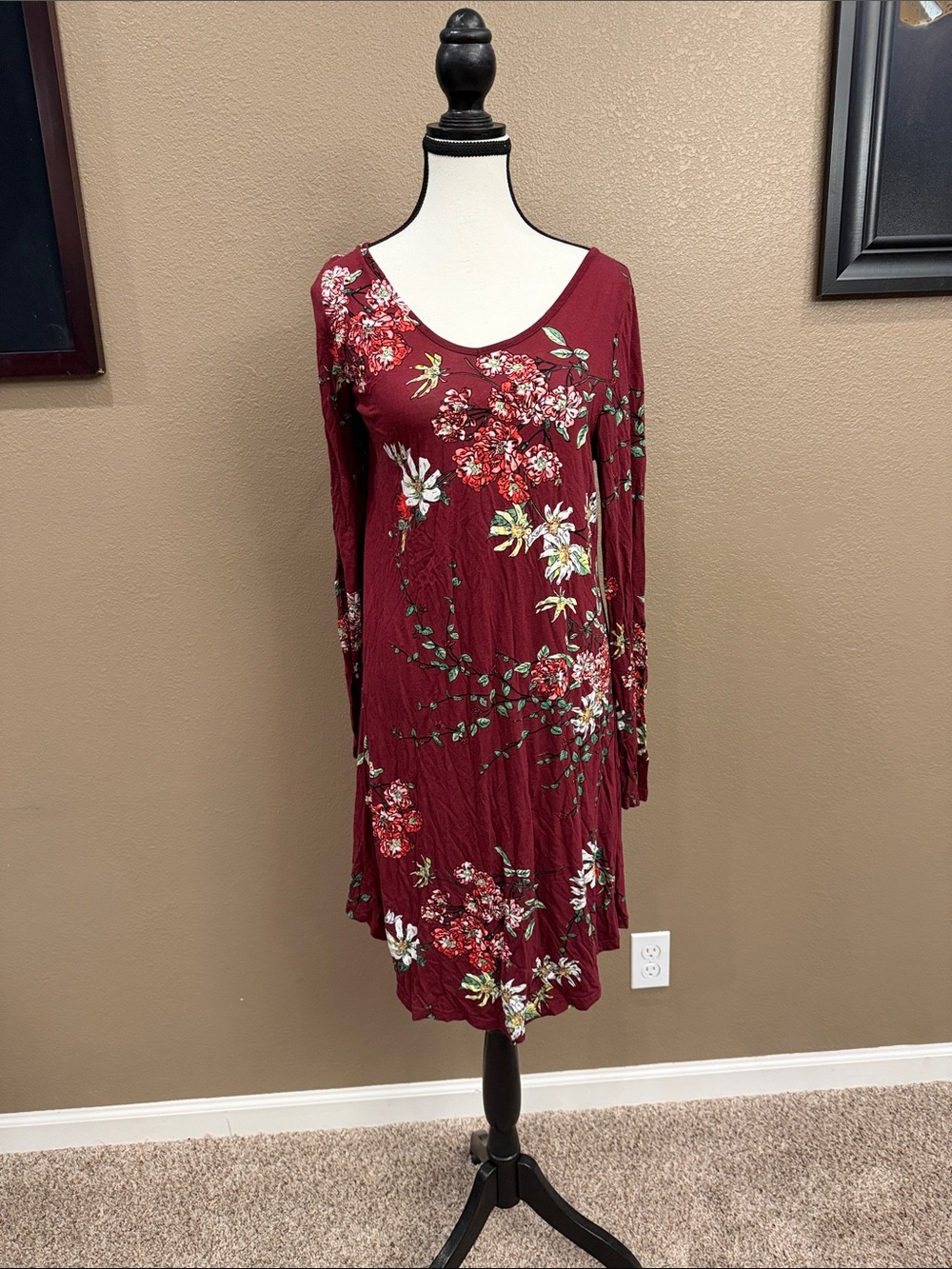 Long-Sleeve Burgundy Floral Swing Dress